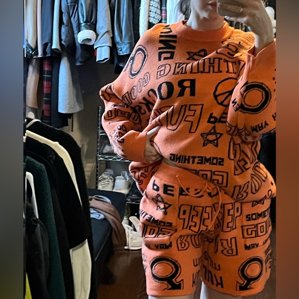 Orange Graphic Knit Set (Sweater and Shorts)